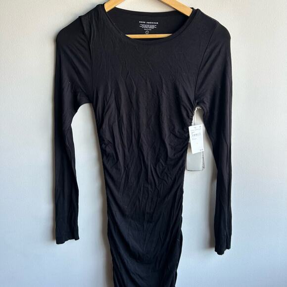 Good American Ruched Midi Dress Womens Size 1 Black Round Neck Long Sleeve NWT - Picture 4 of 8